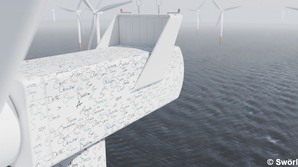 Illustration d'une éolienne en mer du Nord belge recouverte par les signatures des citoyens dans le cadre de la pétition pour maintenir la participation directe des citoyens dans le futur appel d’offres comme un critère obligatoire, clair et mesurable.