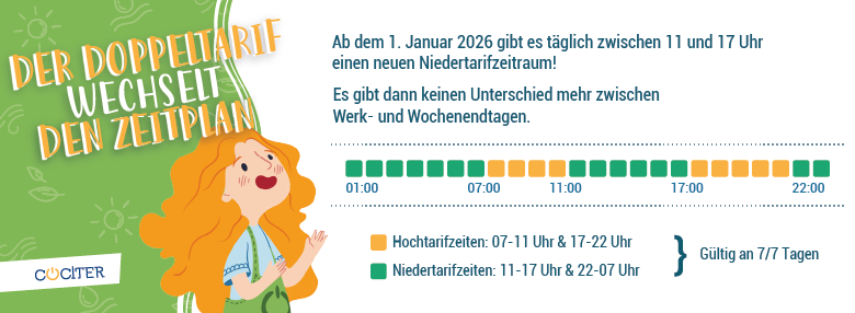Der Doppeltarif ändert den Zeitplan: Abbildung zur Verdeutlichung der Verteilung von Nieder- und Hochtarifzeiten im Rahmen des neuen Doppeltarifsystems, das ab dem 1. Januar 2026 gilt.