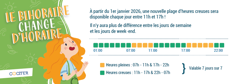 Le bihoraire change d'horaire : image permettant de visualiser la répartition des heures creuses et des heures pleines dans le cadre du nouveau système bihoraire, applicable à partir du 1er janvier 2026.